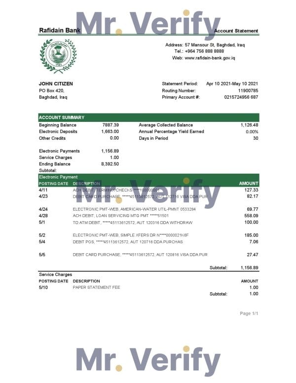 Iraq Rafidain Bank statement template in .xls and .pdf file format