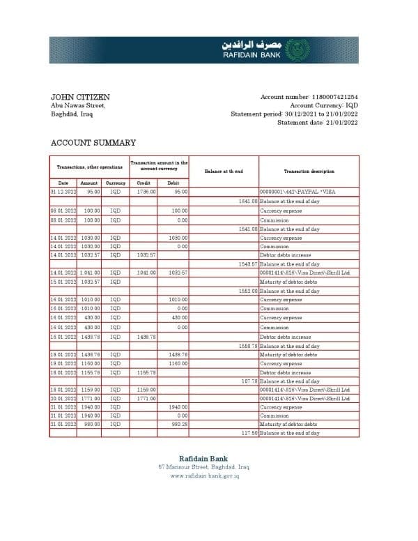 Iraq Rafidain Bank statement Excel and PDF template