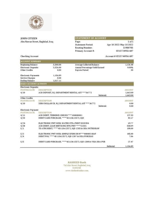 Iraq Rasheed bank statement Excel and PDF template