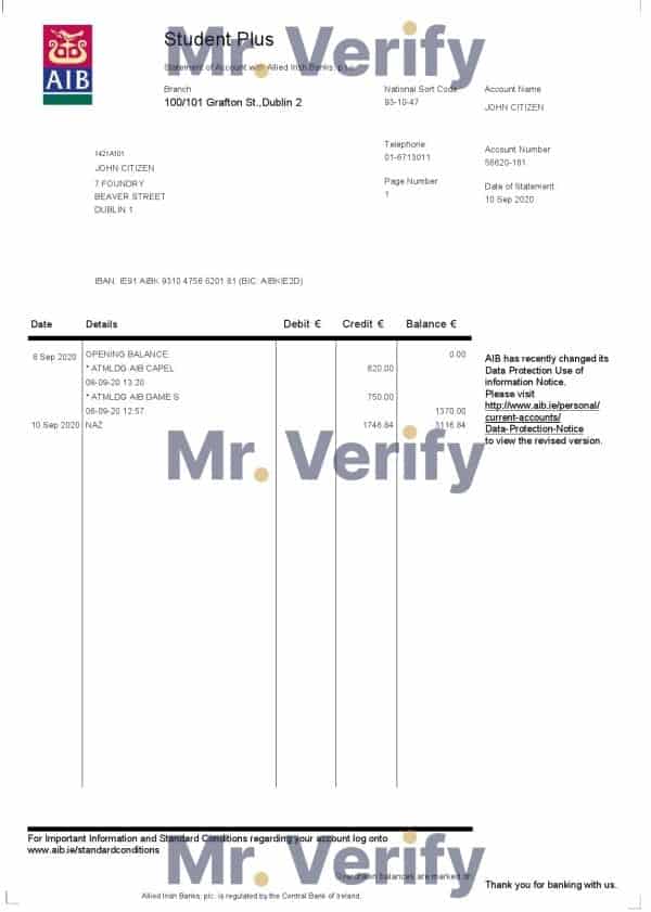 Ireland AIB bank statement template in Word and PDF format