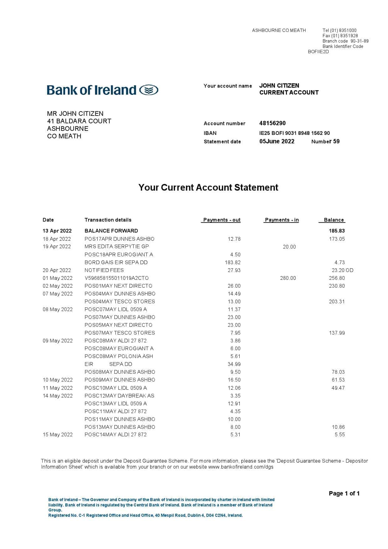 Ireland-Bank-of-Ireland-bank-statement-Word-and-PDF-template-2-pages-1.jpg Ireland Bank of Ireland bank statement, Word and PDF template, 2 pages