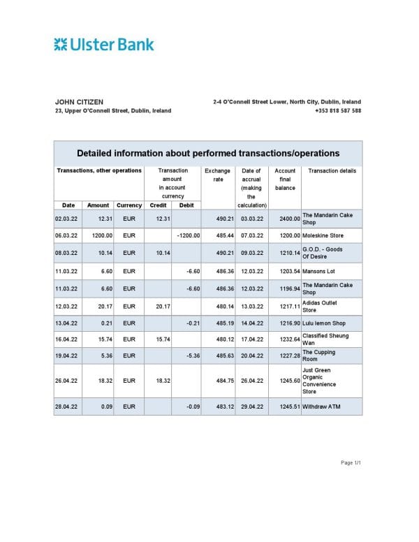 Ireland Ulster Bank statement Excel and PDF template