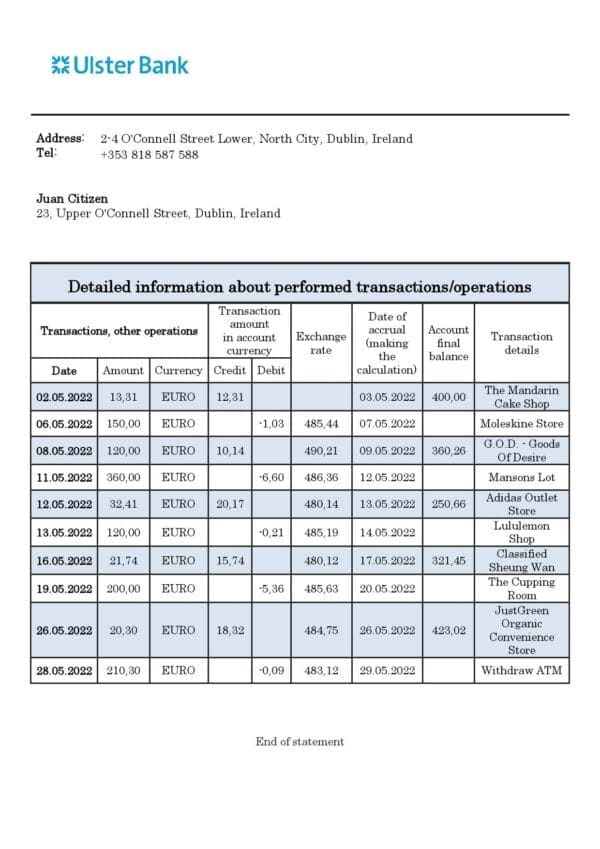 Ireland Ulster proof of address bank statement in Word and PDF format