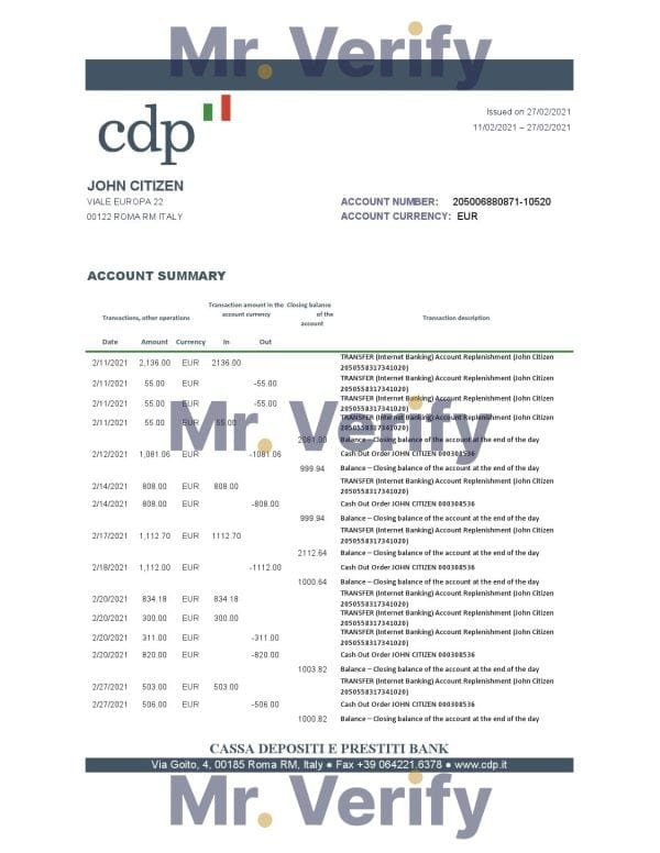 Italy Cassa Depositi e Prestiti bank statement easy to fill template in .xls and .pdf file format