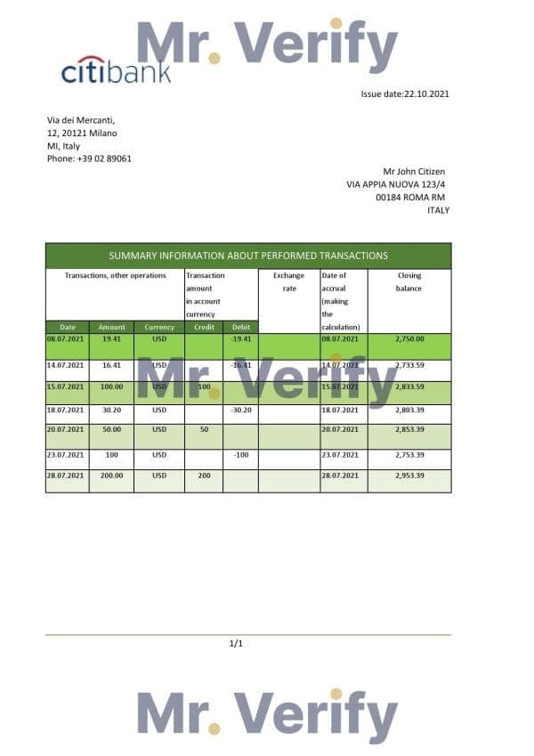 Italy Citibank bank statement easy to fill template in .xls and .pdf file format