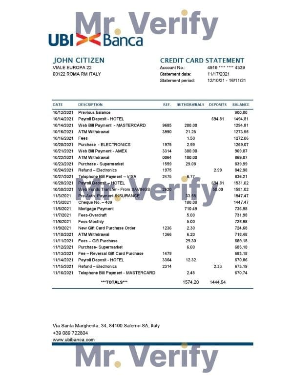 Italy UBI BANCA bank statement easy to fill template in Excel and PDF format