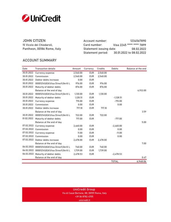 Italy Unicredit Bank Statement Excel and PDF Template