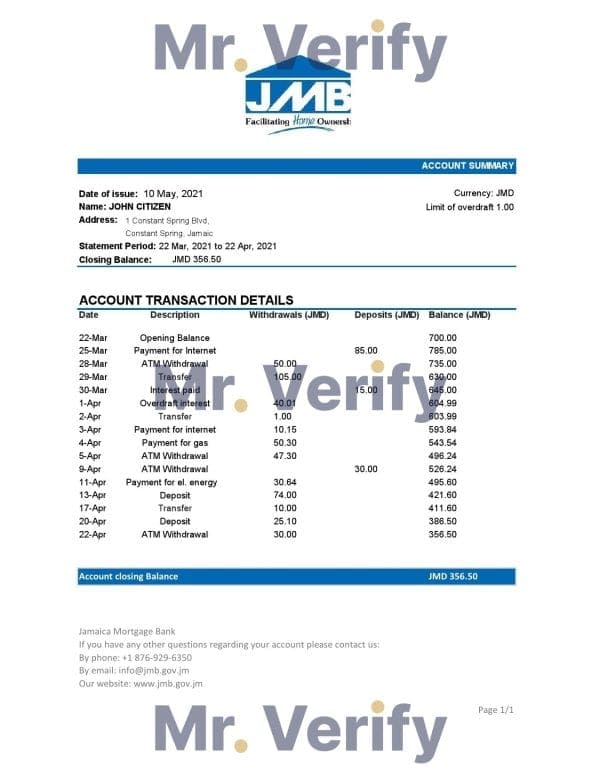 Jamaica Mortgage Bank statement easy to fill template in Excel and PDF format