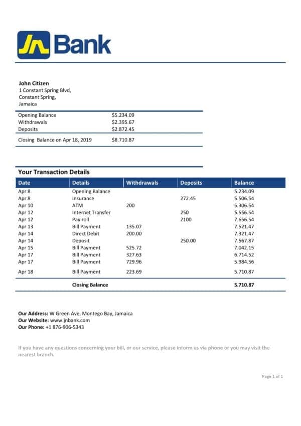 Jamaica National Bank proof of address statement template in Word and PDF format
