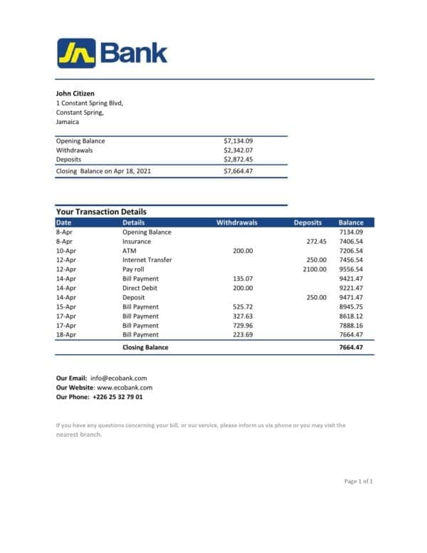 Jamaica National Bank statement easy to fill template in .xls and .pdf file format