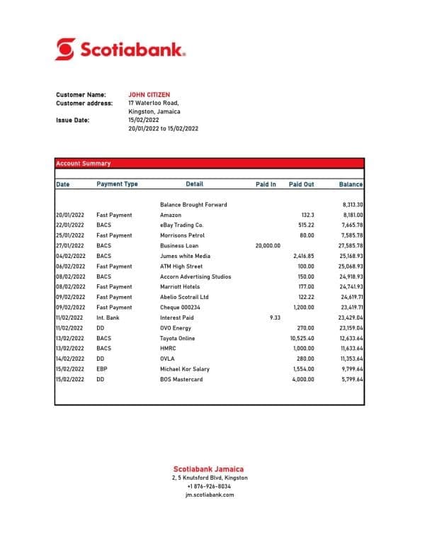 Jamaica Scotiabank bank statement Excel and PDF template