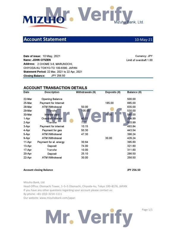 Japan Mizuho bank statement template in .xls and .pdf file format