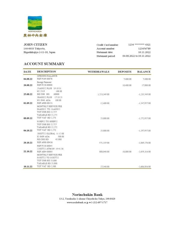 Japan Norinchukin bank statement Excel and PDF template