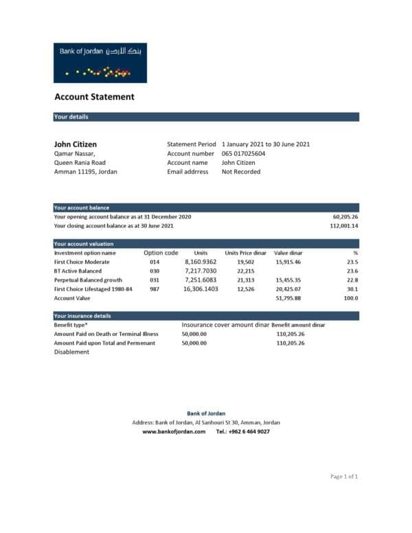 Jordan Bank of Jordan bank statement easy to fill template in .xls and .pdf file format