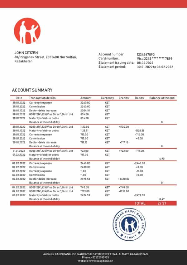 Kazakhstan Kaspi Bank statement template in Word and PDF format