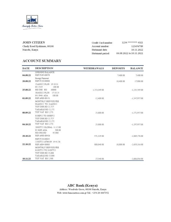 Kenya ABC bank statement Excel and PDF template