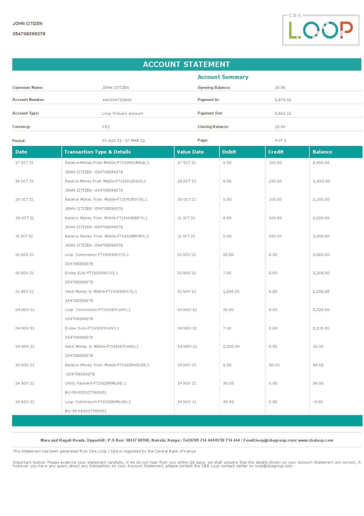 Kenya-CBA-Loop-bank-statement-Word-and-PDF-template-6-pages-4.jpg Kenya CBA Loop bank statement, Word and PDF template, 6 pages - Image 4