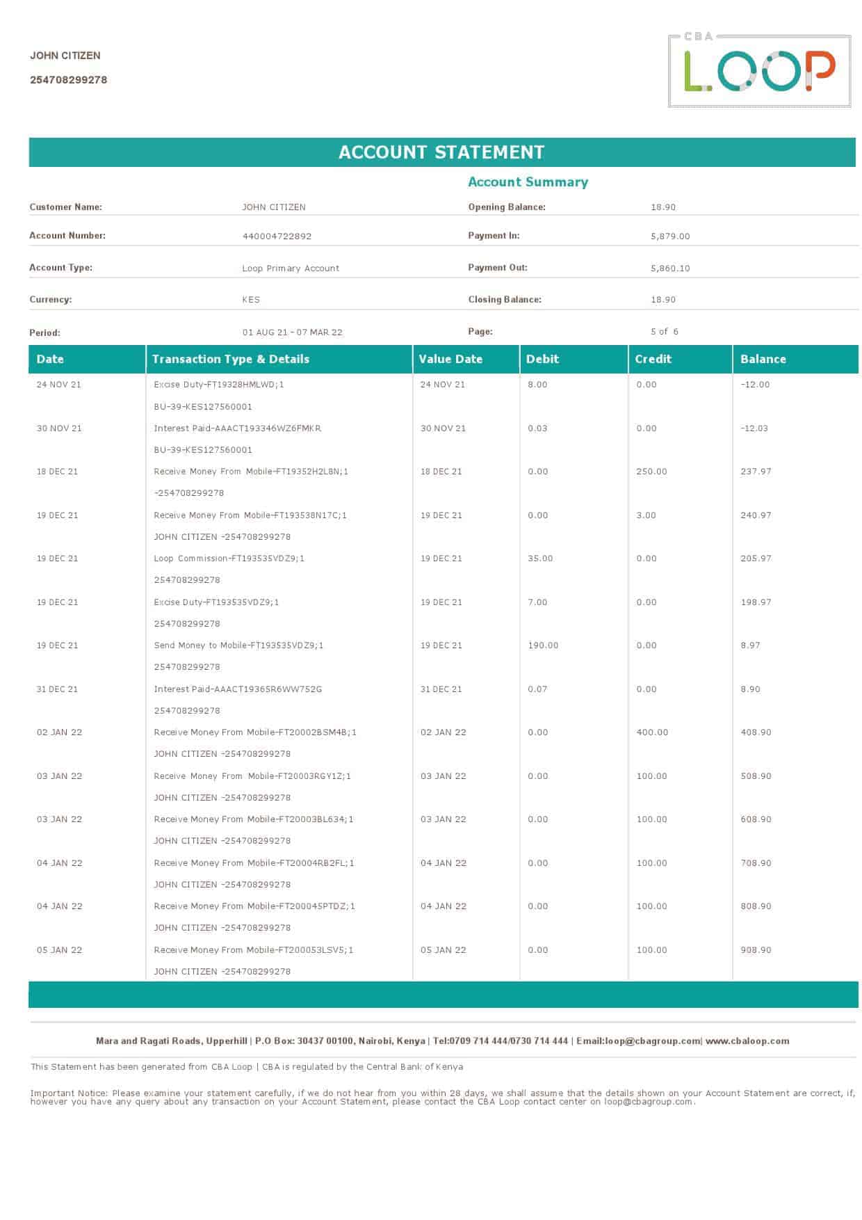 Kenya-CBA-Loop-bank-statement-Word-and-PDF-template-6-pages-5.jpg Kenya CBA Loop bank statement, Word and PDF template, 6 pages - Image 5