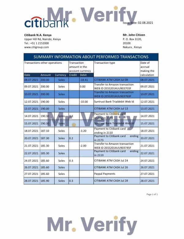 Kenya Citibank bank statement easy to fill template in .xls and .pdf file format