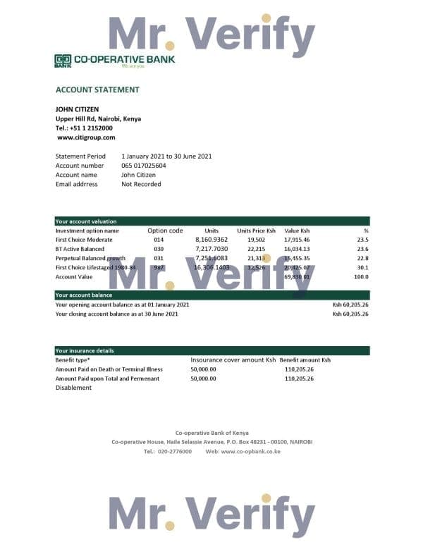 Kenya Co-operative Bank of Kenya bank statement easy to fill template in Excel and PDF format