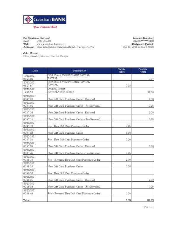 Kenya Guardian Bank statement Excel and PDF template