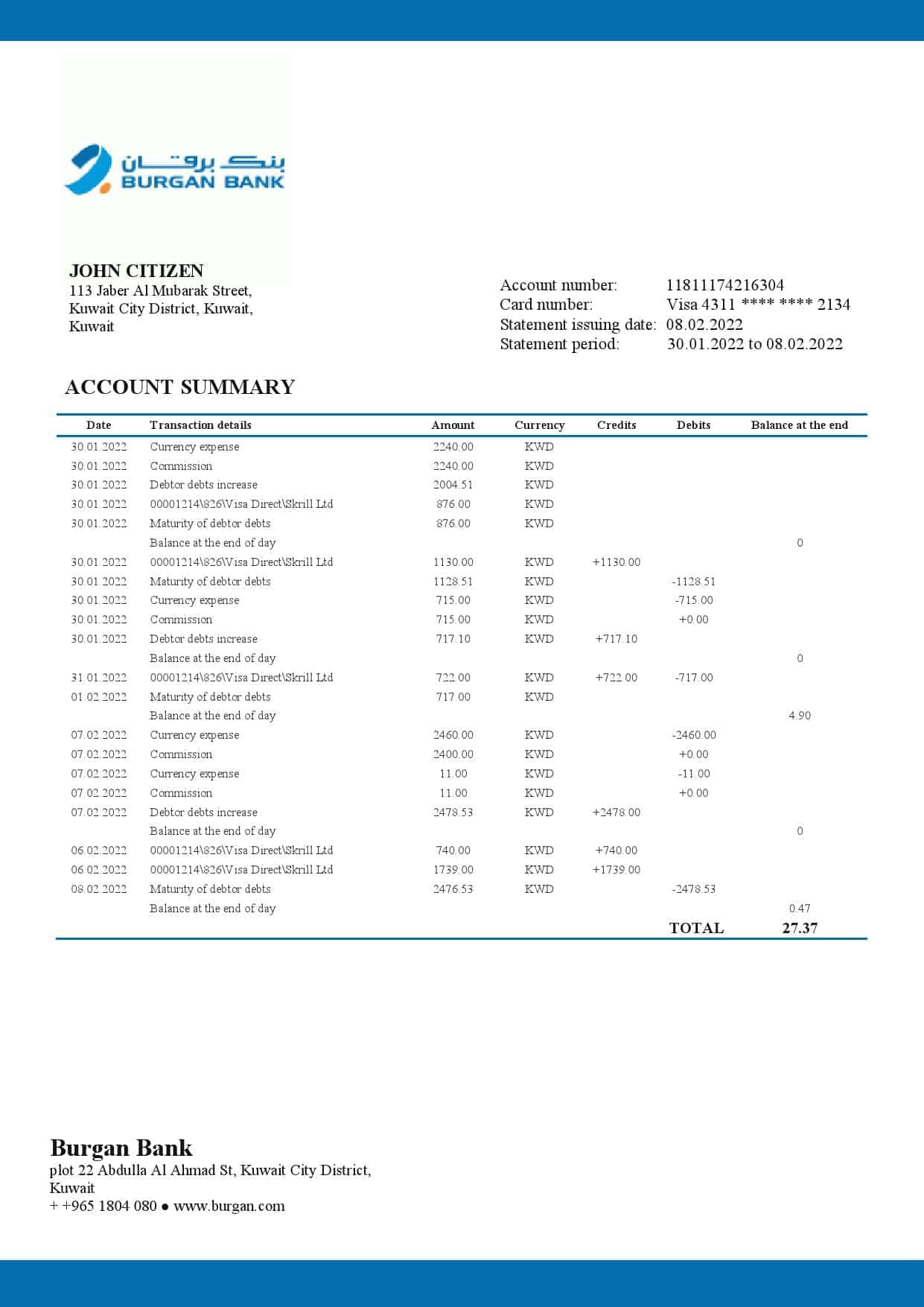Kuwait-Burgan-Bank-statement_000001.jpg Kuwait Burgan Bank statement template in Word and PDF format