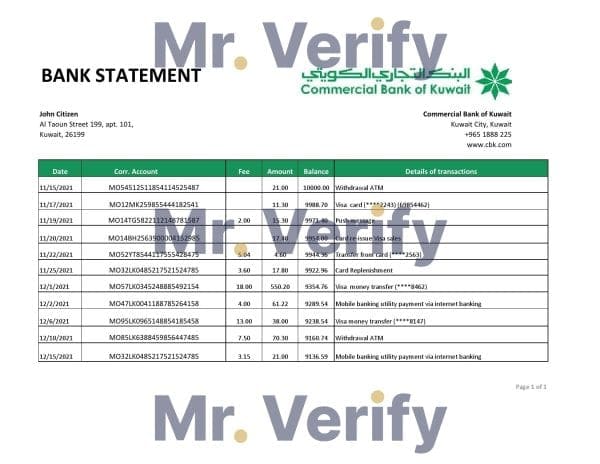 Kuwait Commercial Bank statement easy to fill template in .xls and .pdf file format