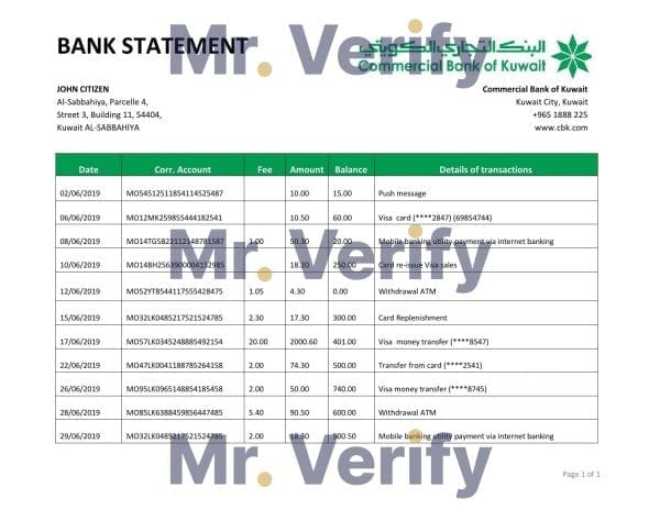 Kuwait Commercial Bank statement easy to fill template in Word and PDF format