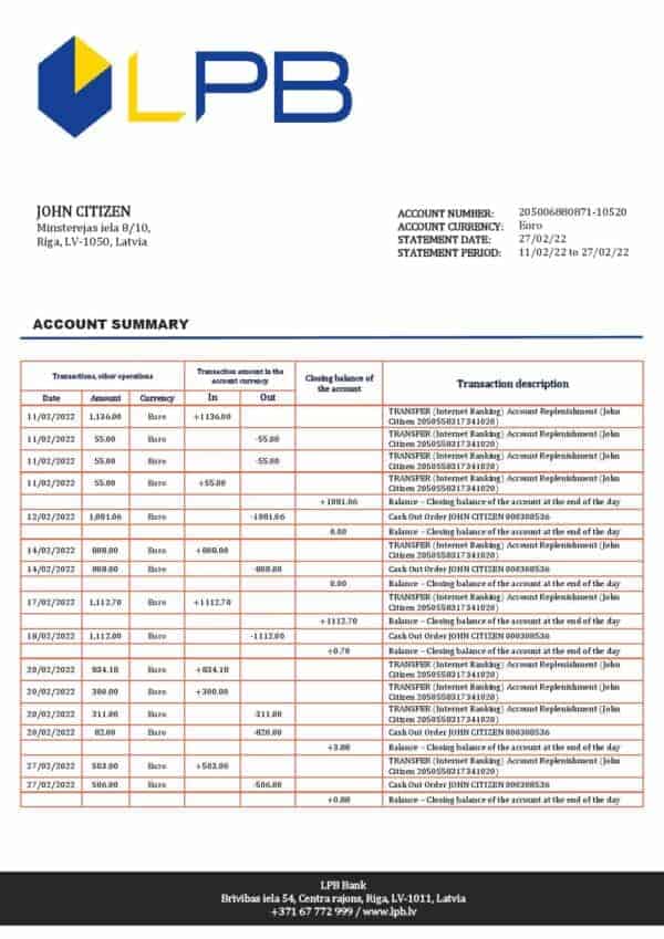 Latvia LPB bank statement template in Word and PDF format