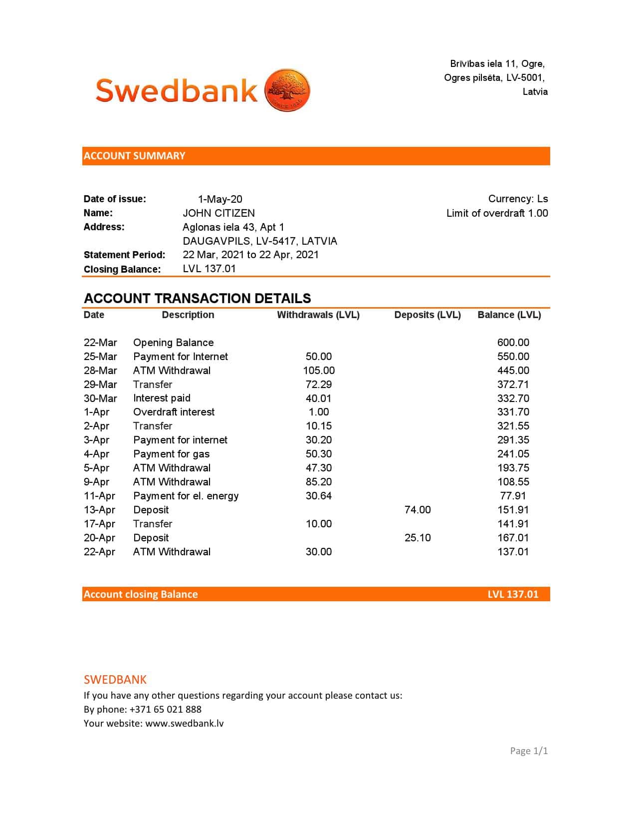 Latvia-Swedbank_000001.jpg Latvia Swedbank bank statement easy to fill template in .xls and .pdf file format