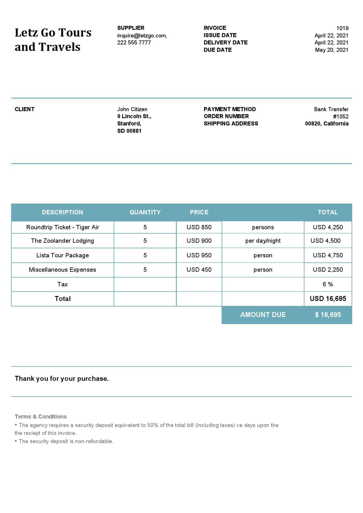 USA Letz Go Tours and Travels invoice template in Word and PDF format, fully editable USA Letz Go Tours and Travels invoice template in Word and PDF format, fully editable