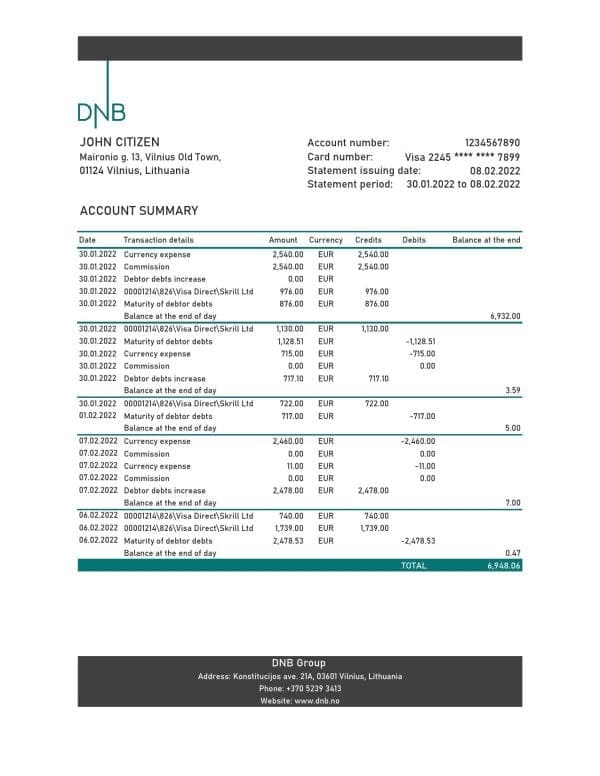 Lithuania DNB bank statement Excel and PDF template