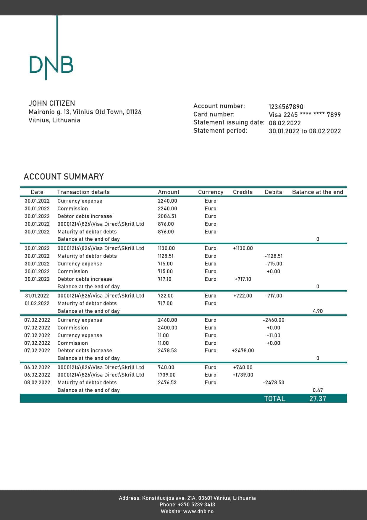 Lithuania-DNB-bank-statement_000001.jpg Lithuania (Litva) DNB bank statement template in Word and PDF format
