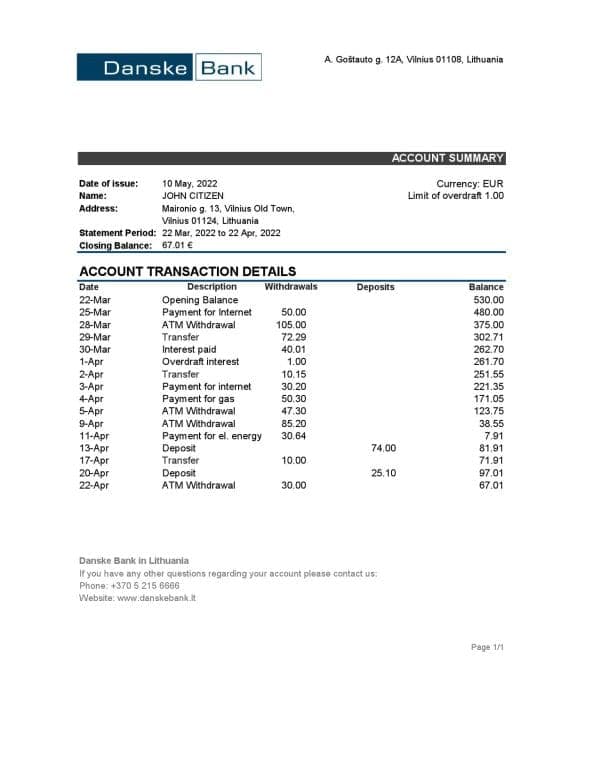 Lithuania Danske bank statement Excel and PDF template