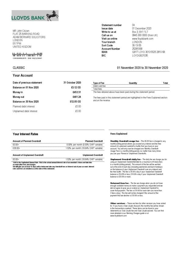United Kingdom Lloyds bank statement template in Word and PDF format, good for address prove (2 pages)