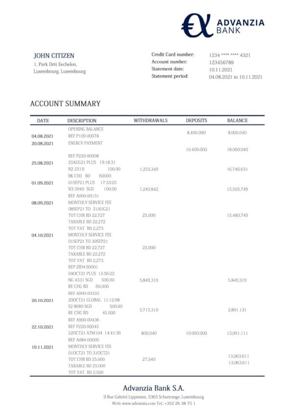 Luxembourg Advanzia bank proof of address statement template in Word and PDF format, .doc and .pdf format