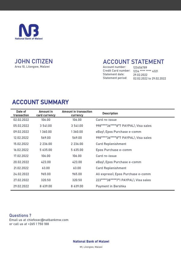 Malawi National Bank of Malawi bank statement template in Word and PDF format