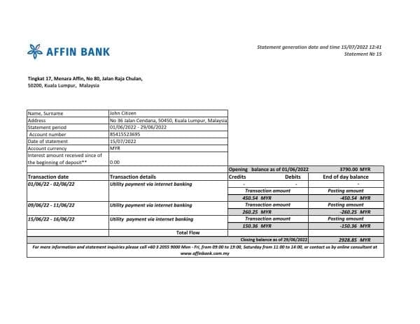 Malaysia Affin Bank statement Excel and PDF template