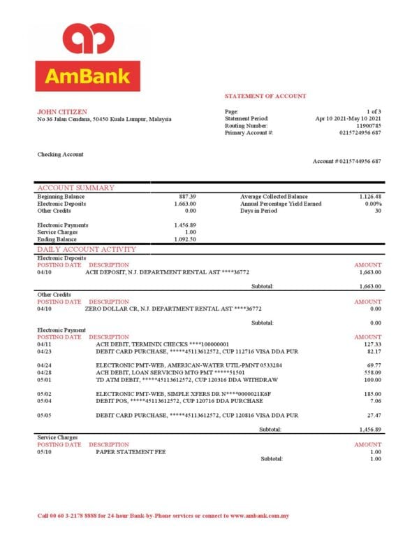 Malaysia AmBank bank statement template in Word and PDF format