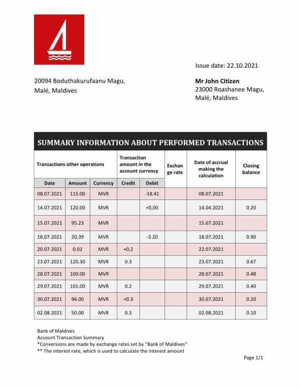 Maldives Bank of Maldives bank statement template in Word and PDF format