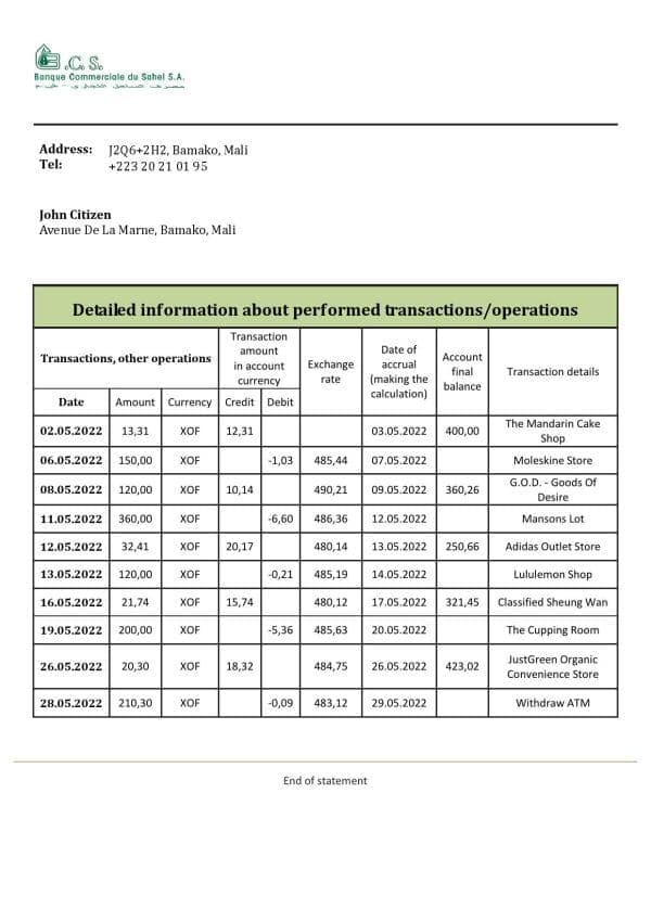 Mali Banque Commerciale du Sahel bank statement template in Word and PDF format, .doc and .pdf format
