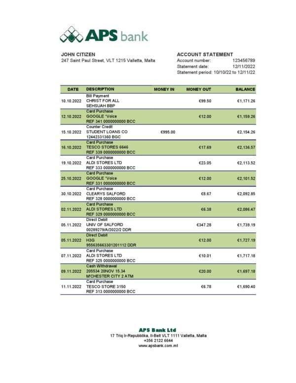 Malta APS bank statement Excel and PDF template