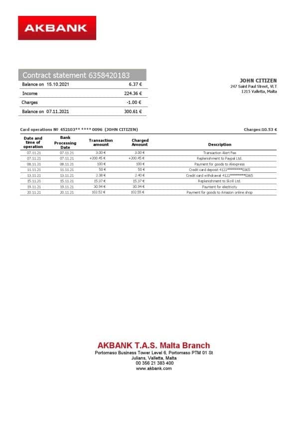 Malta Akbank bank statement template in Word and PDF format