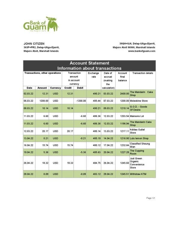 Marshall Islands Bank of Guam bank statement Excel and PDF template