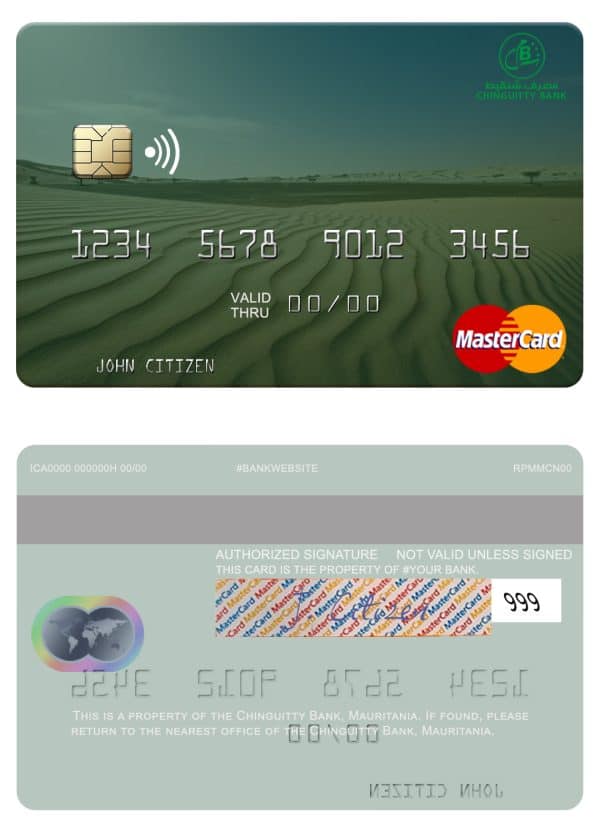 Editable Mauritania Chinguitty Bank mastercard credit card Templates