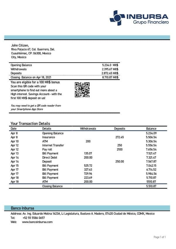 Mexico Inbursa Bank statement easy to fill template in Word and PDF format