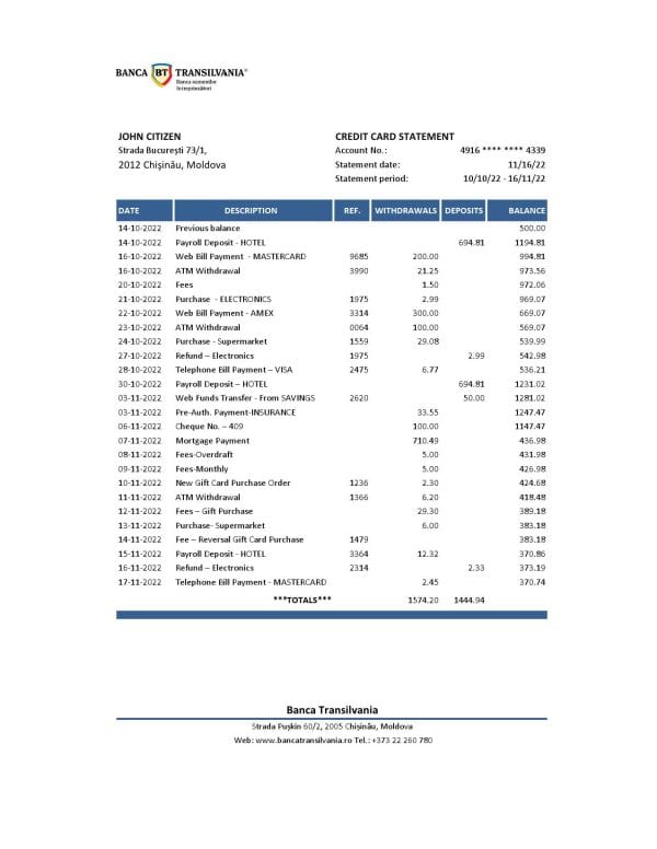 Moldova Banca Transilvania bank statement Excel and PDF template