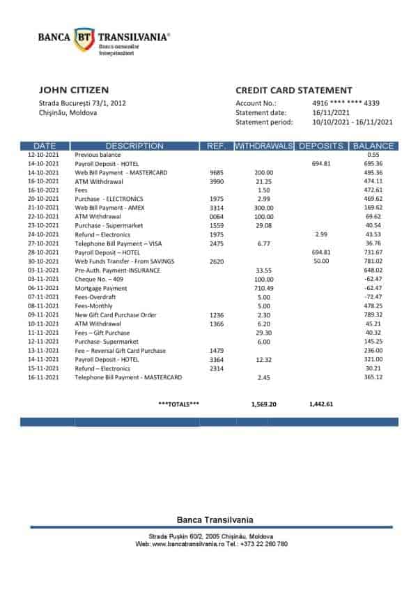 Moldova Banca Transilvania bank statement template in Word and PDF format