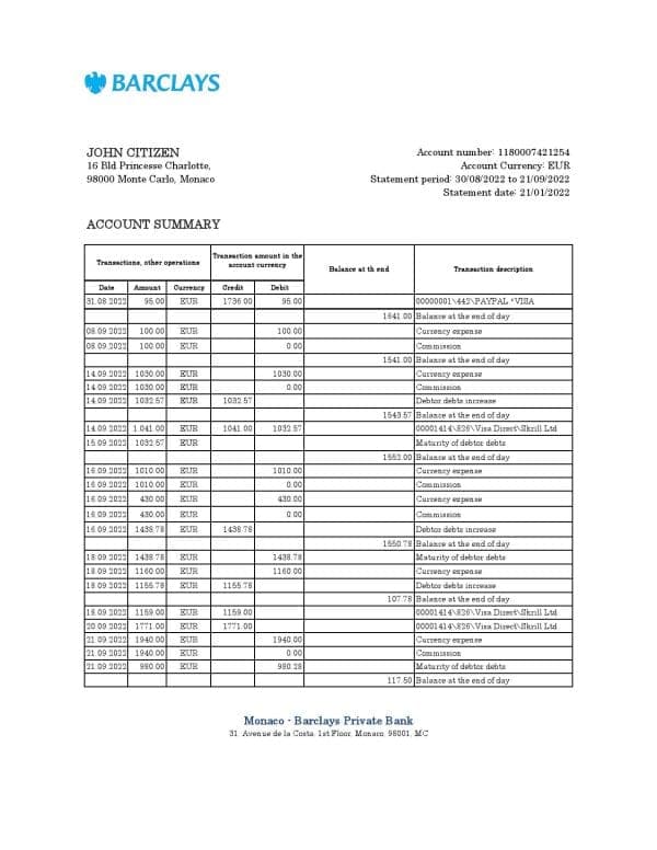 Monaco Barclays Private bank statement Excel and PDF template