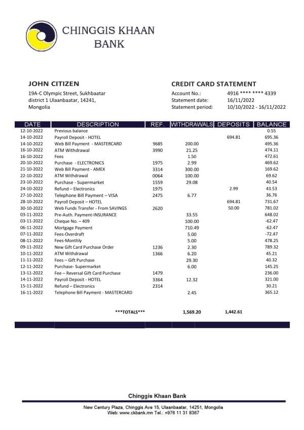 Mongolia Chinggis Khaan bank statement template in Word and PDF format